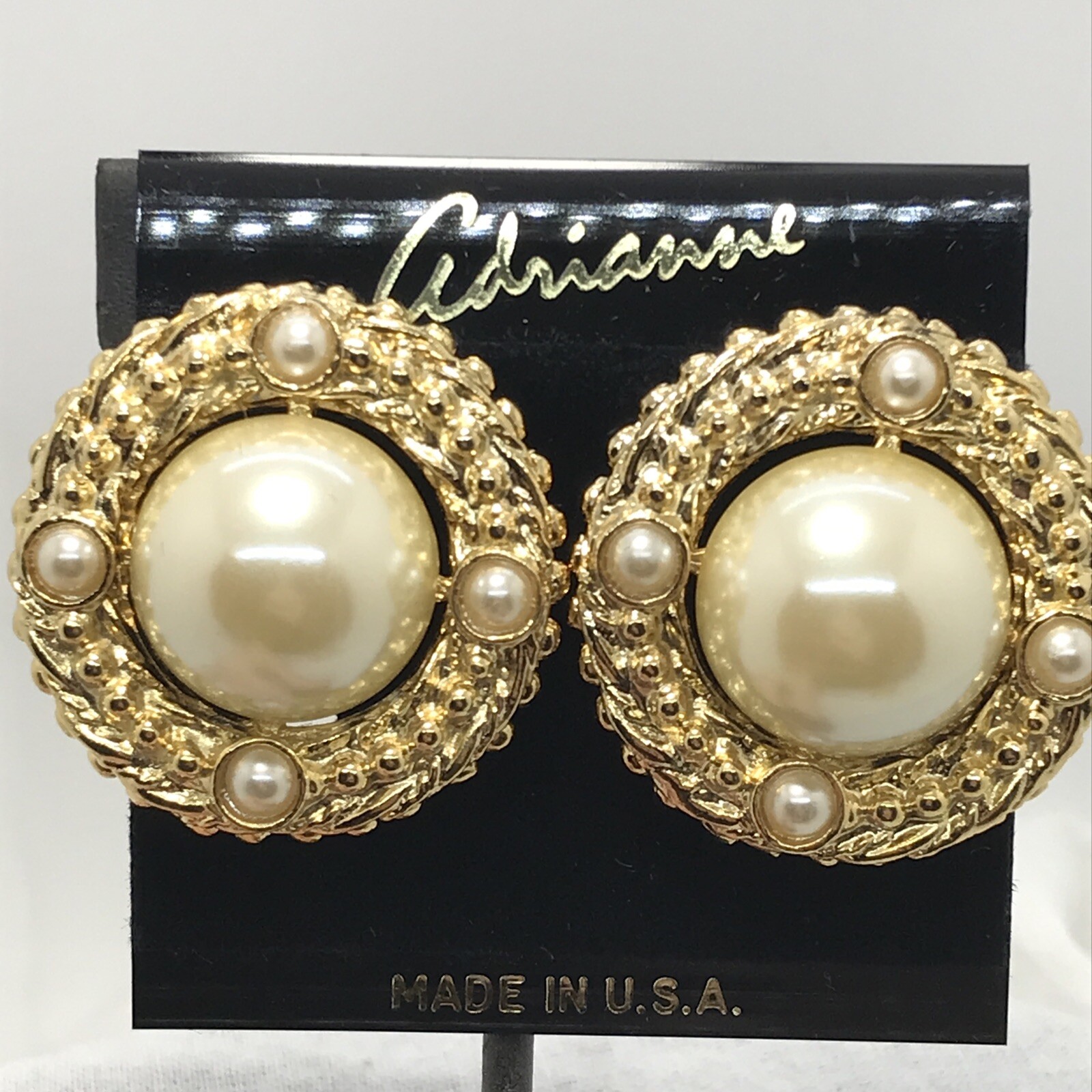 Vintage Adrianne Gold Tone Large Textured Edge Faux Pearl Clip-on Earrings