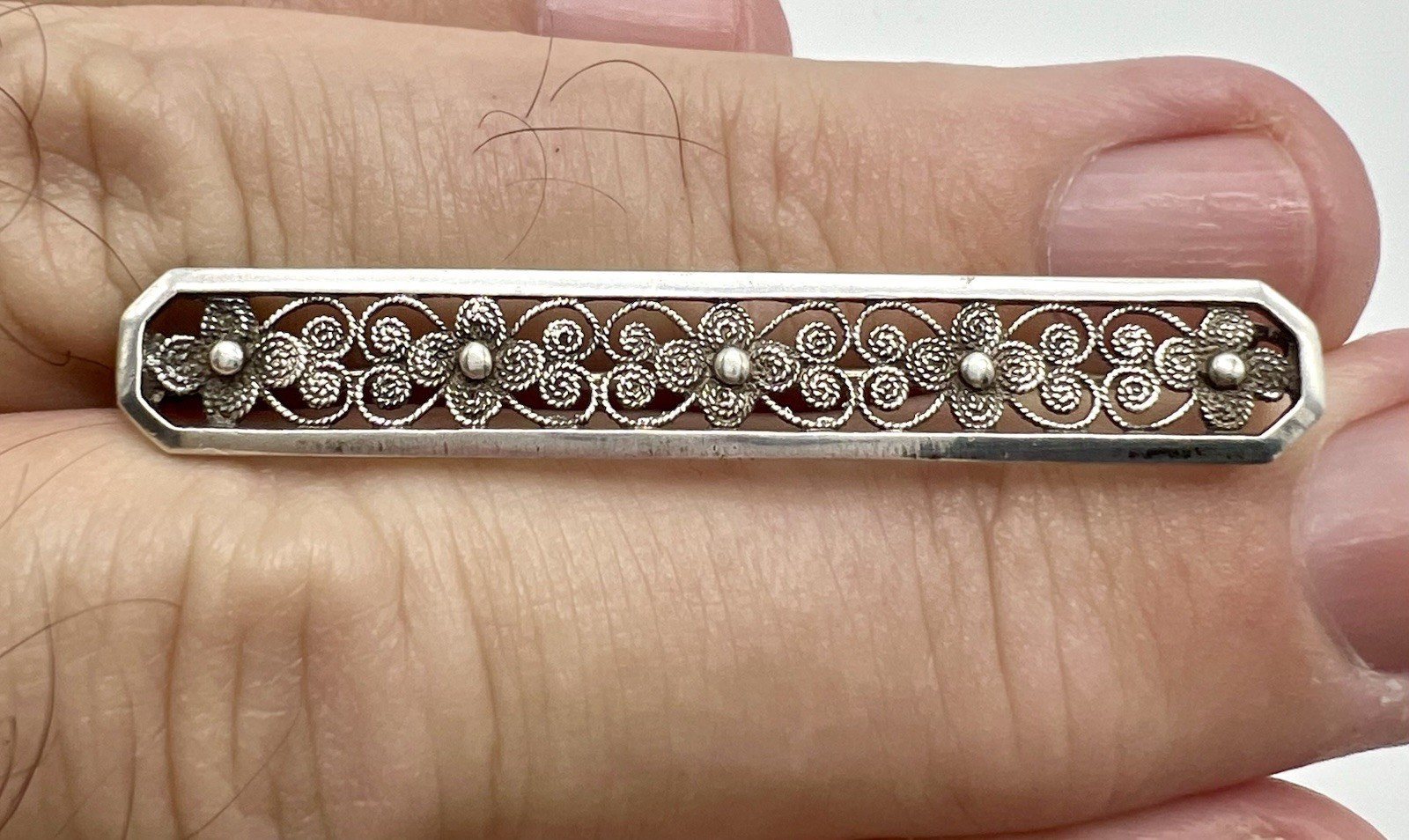 Antique 835 Sterling Silver Flower & Wire Bar Pin/Brooch