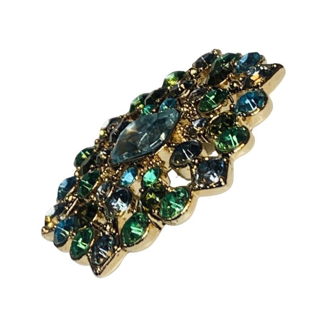 Liz Claiborne Green Rhinestone Brooch Pin 2” Gold Tone Flower