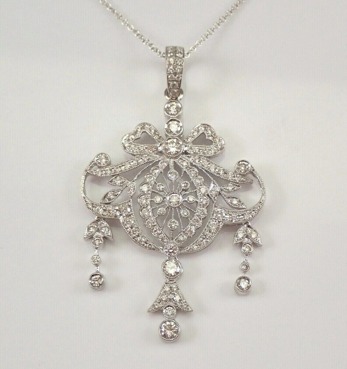 2.1Ct Art Deco Style Round Lab Created Diamond Wedding 14K White Gold FN Pendant