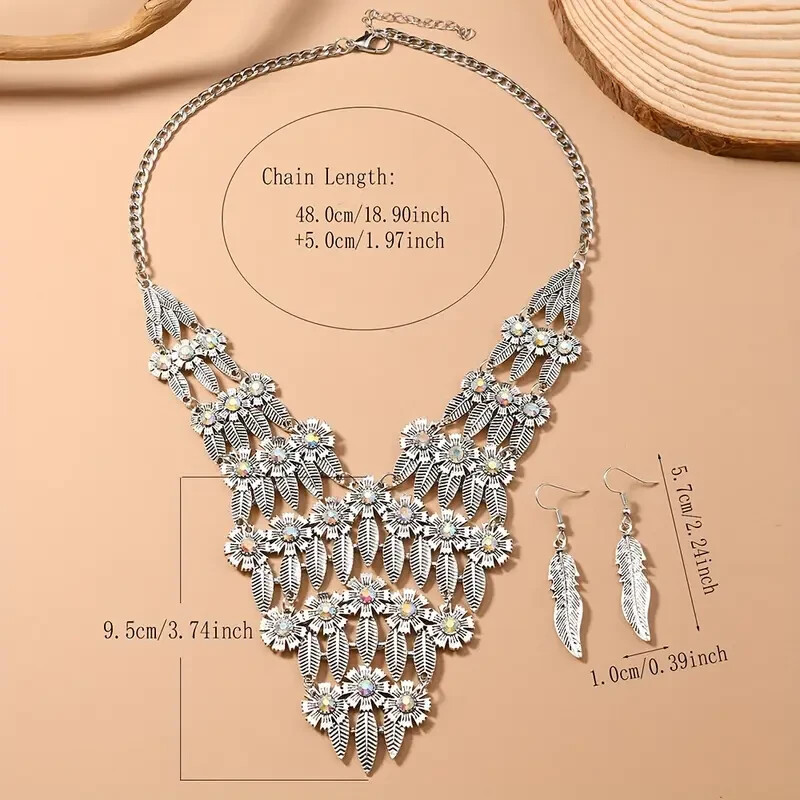 Silver Tone Leaf Crystals Accent Dangle Necklace Earrings Set