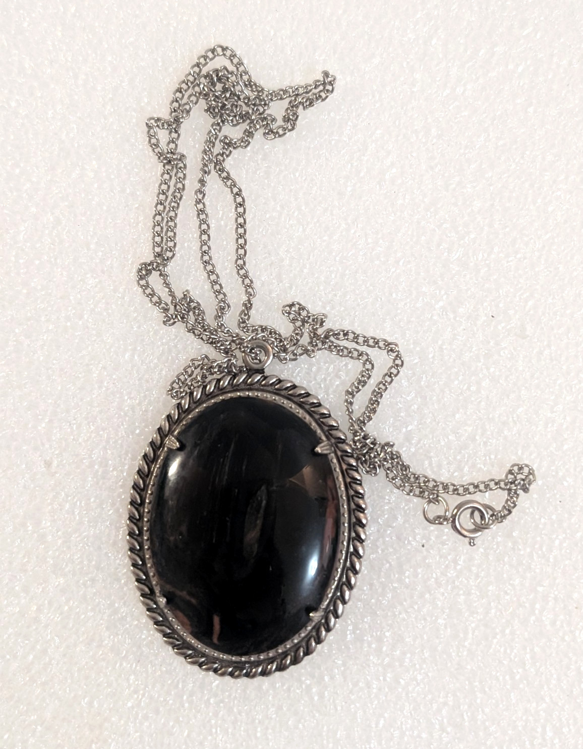 Vtg Silver Tone Prong Set Brown Stone Cabochon Oval Pendant Necklace 24″
