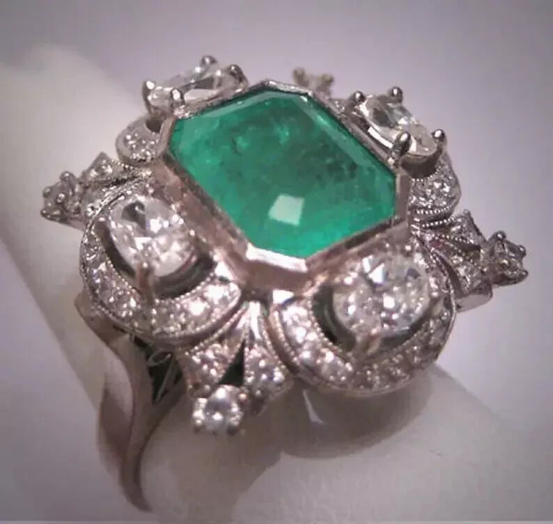 3 Ct Emerald Vintage Art Deco Five Stone Cocktail Wedding Ring 14K White Gold FN