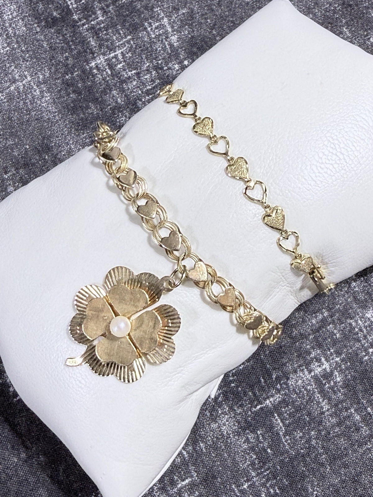 VINTAGE 14K GOLD LOT OF 2 HEART LINK BRACELETS 14.7 GRAMS WEARABLE BOTH MARKED