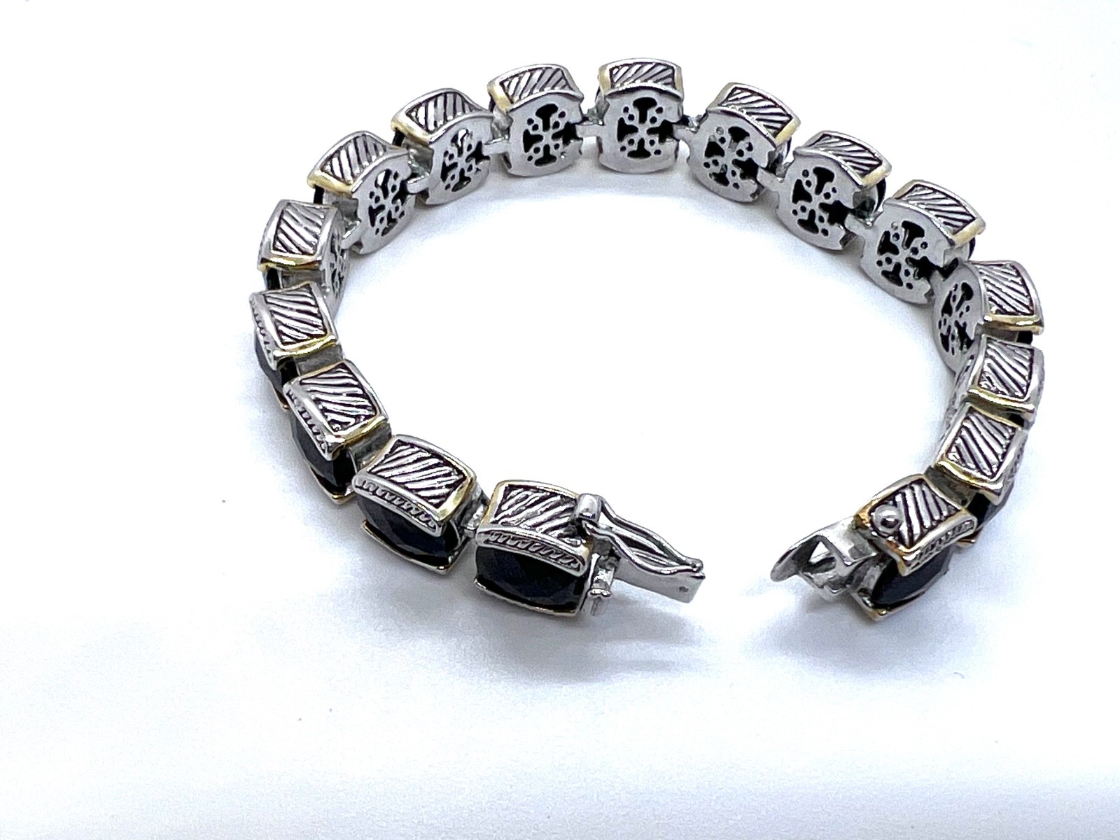 Vintage 90s Silver Tone Black Glass Square Link Bracelet Boho Fashion Jewelry