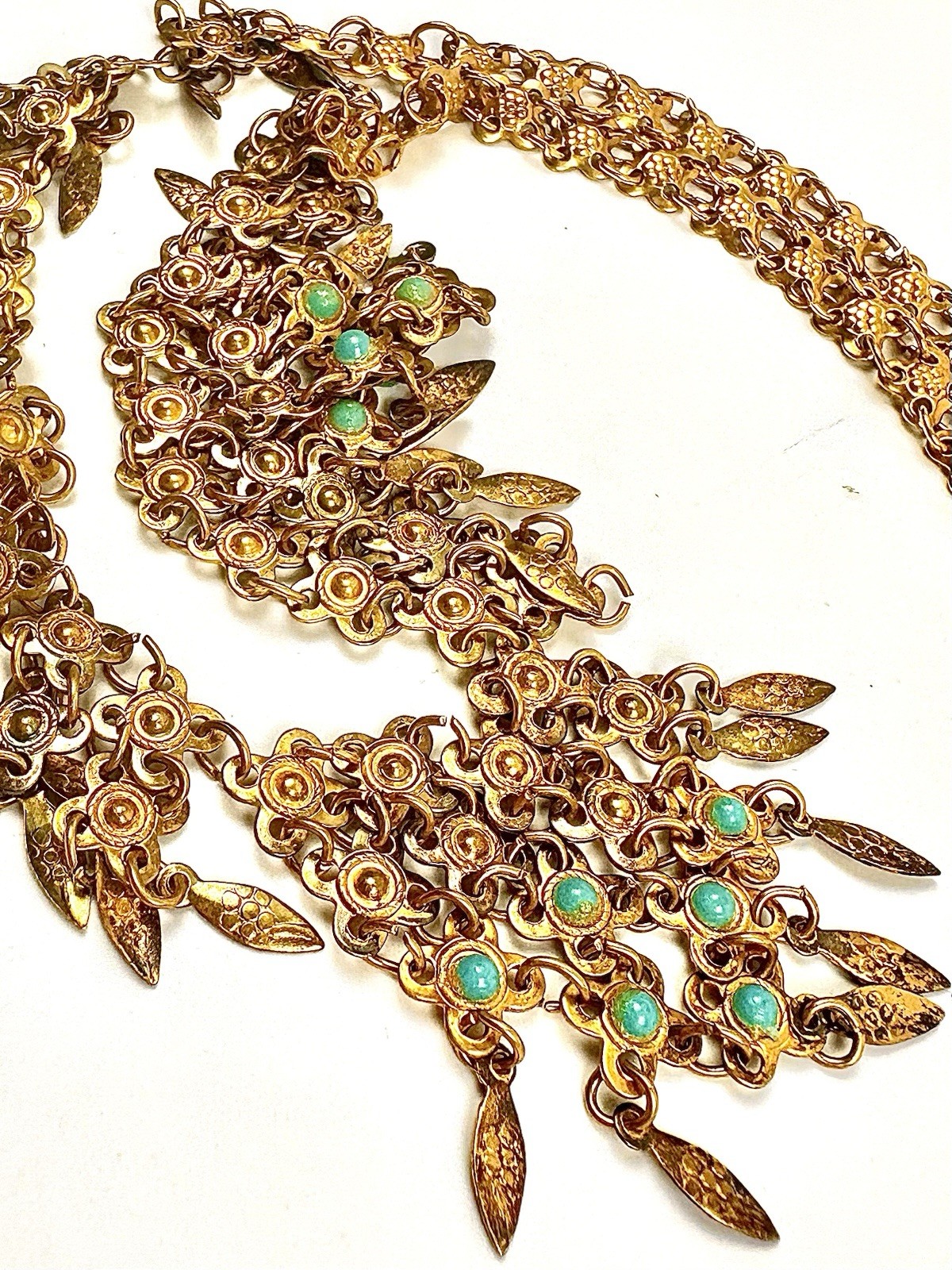 VTG Egyptian Revival Gold Tone Fancy Link Fringe Faux Turquoise Bib Necklace 19”