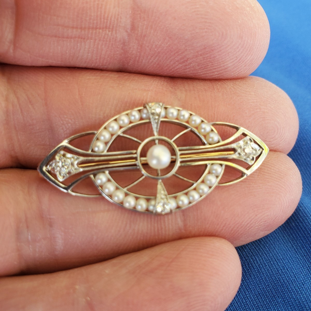 Original EARTH MINED DIAMOND Deco Brooch Gatsby era Vintage Pearl SOLID 14K GOLD