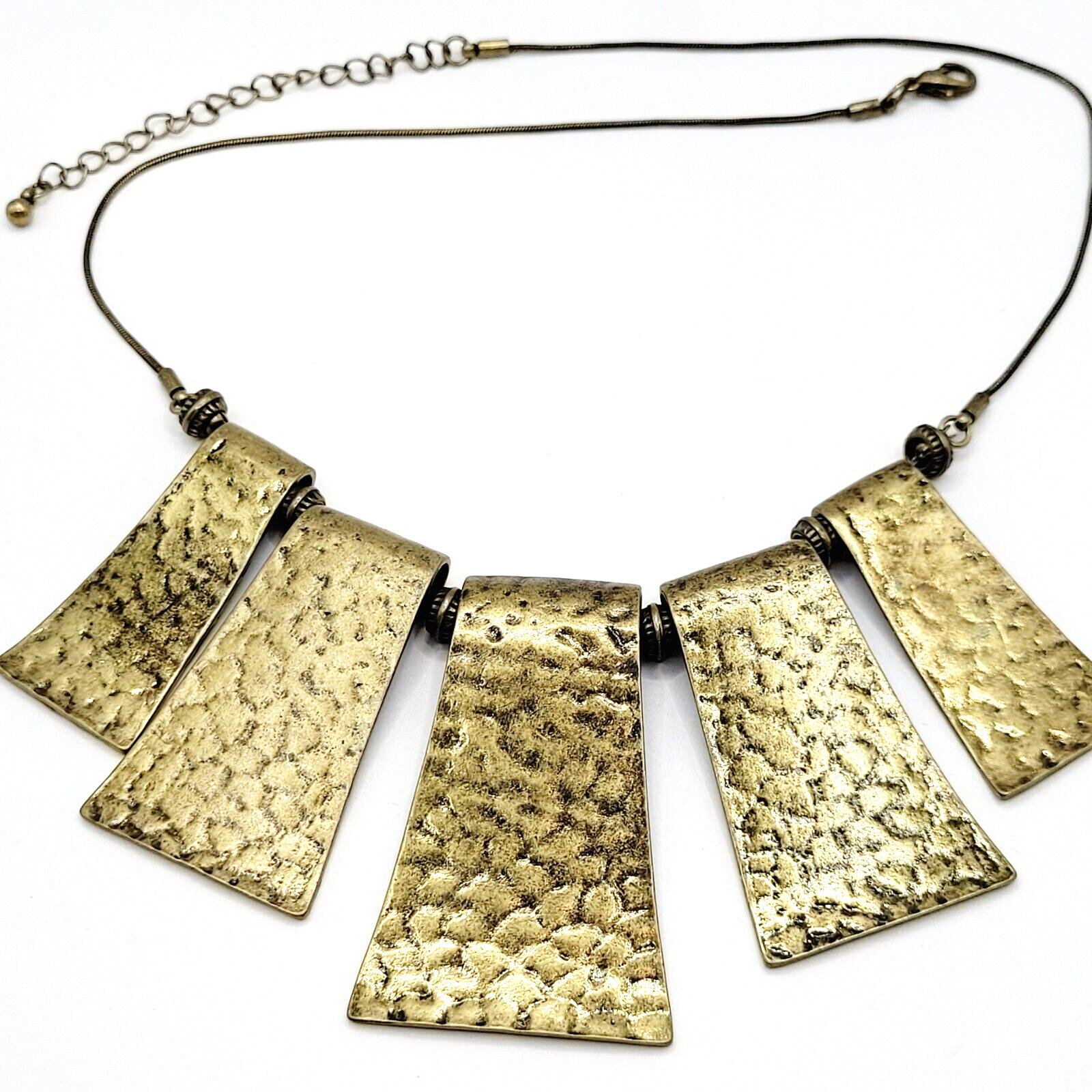 Exotic Hammered Style 5 Metal Plate Bib Necklace Brutalist Cleopatra Look 21 In