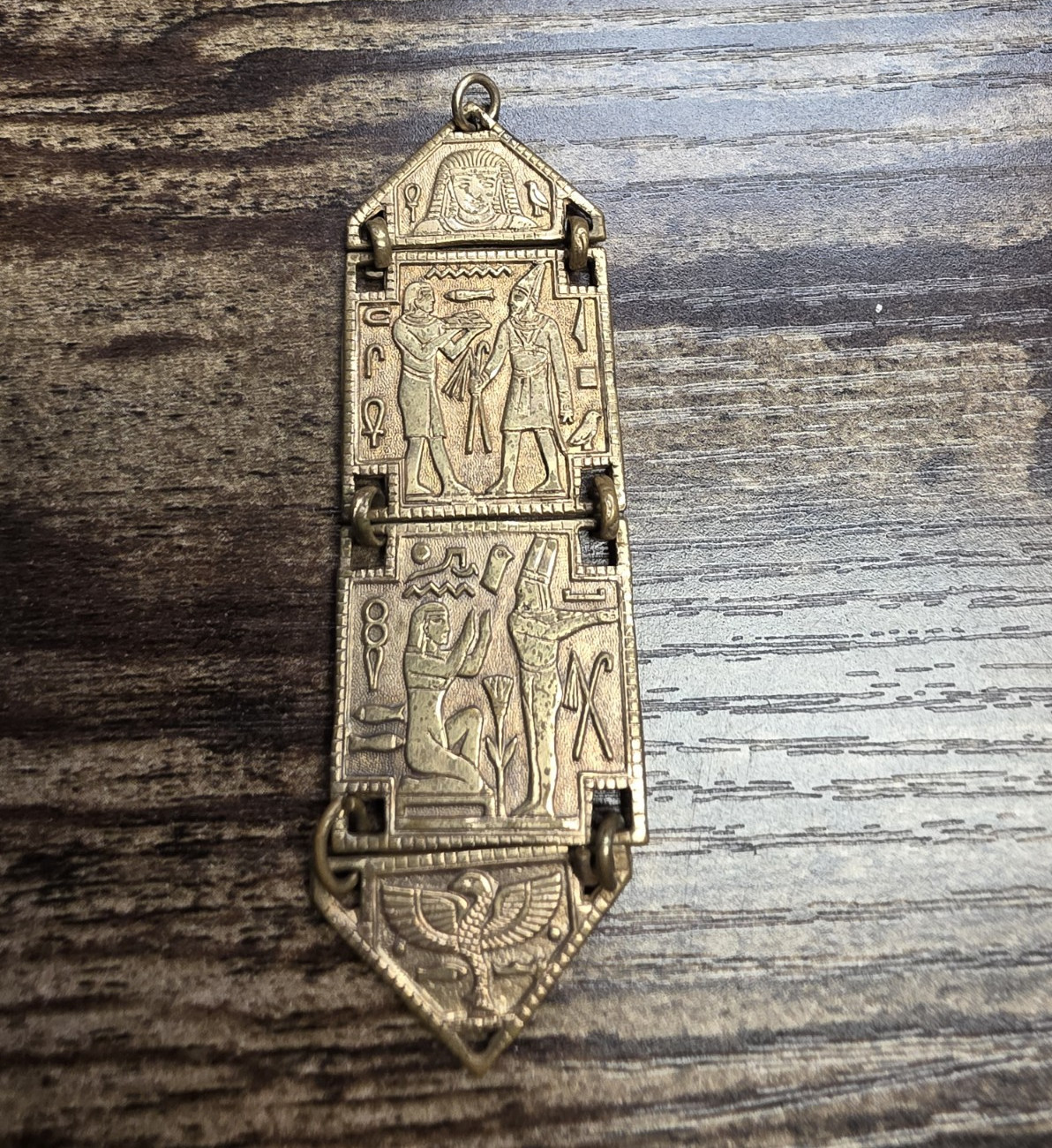 Egyptian Hieroglyphics Gold Tone Metal Rectangle Pendant Charm, No Stone