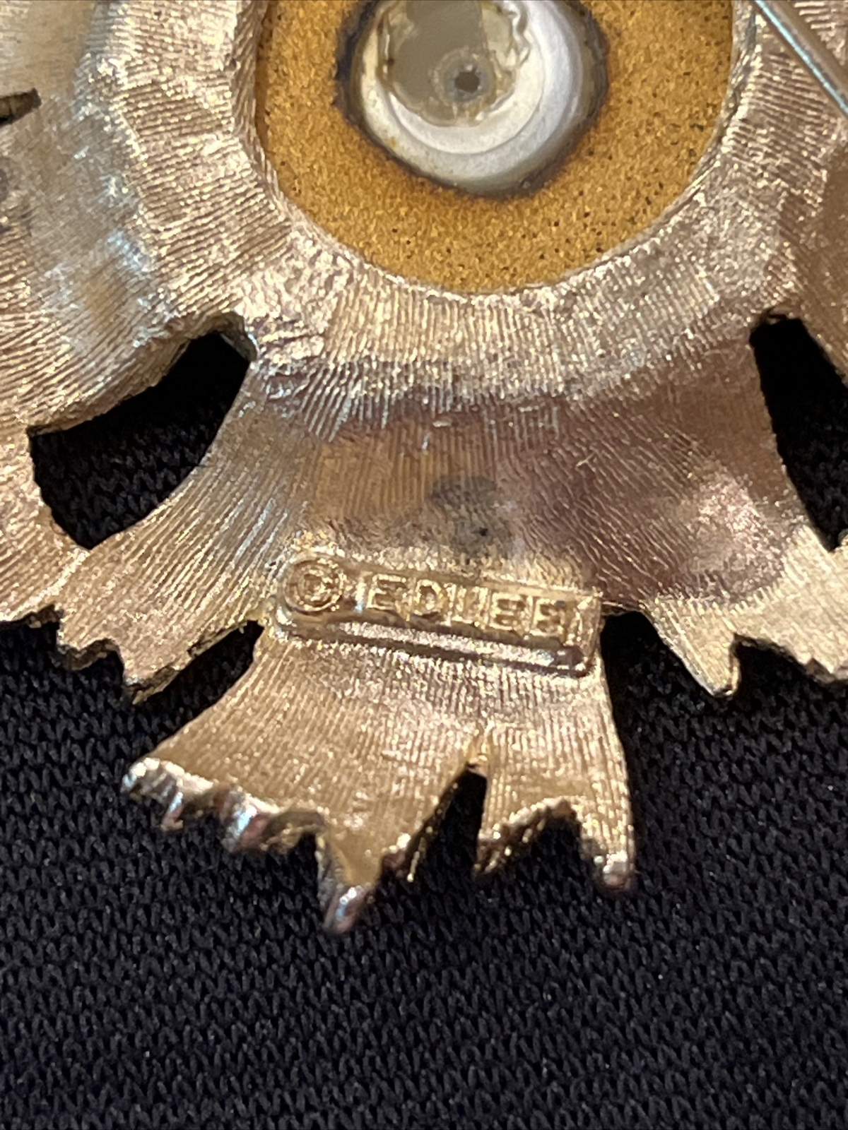 Rare Vintage EDLEE Green Art Glass Pearl Rhinestone Chunky Gold Tone Brooch 1947
