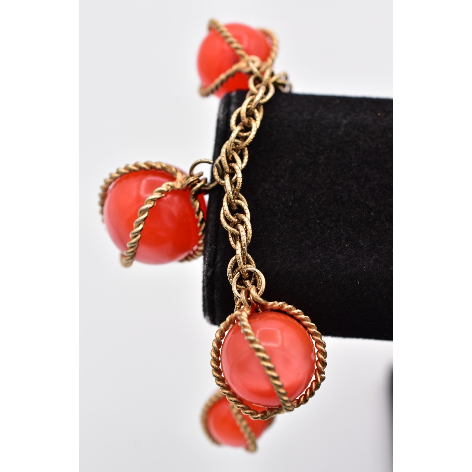 Vintage Ornament Caged Ball Beaded Chain Bracelet Charm Gold Chunky 1970s BinAW