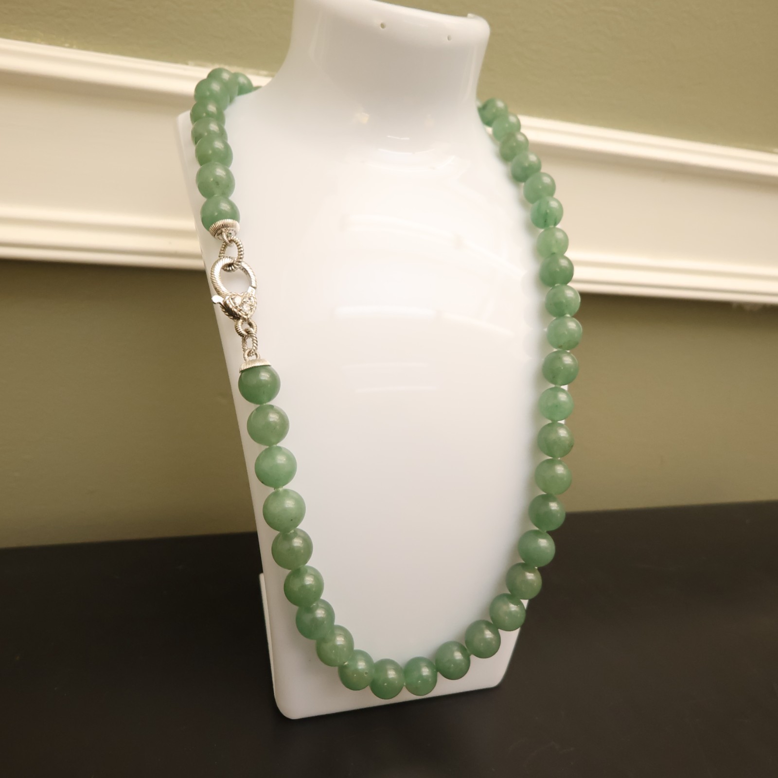 Judith Ripka necklace aventurine beads sterling silver 925 clasp DMQ signed 20in