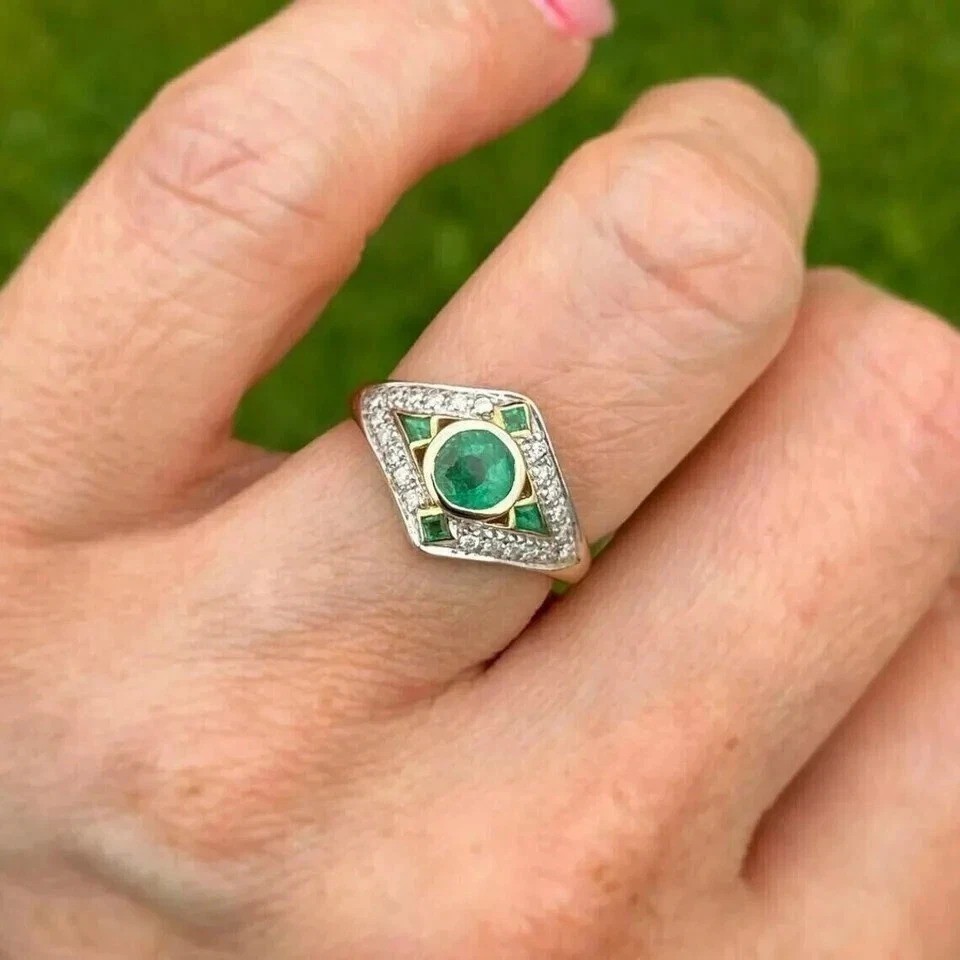 Art Deco Vintage Round Cut Lab Created Emerald & Diamond Wedding 925 Silver Ring