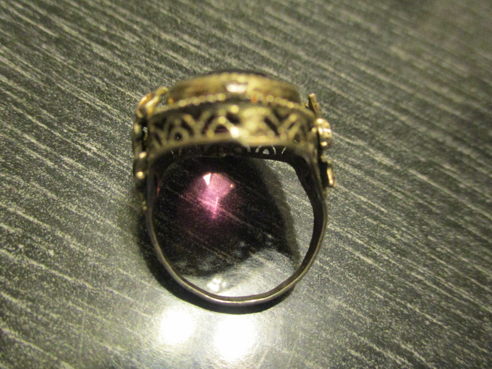 Antique Faux Amethyst Glass Sterling Silver Rose Filigree Cocktail Ring Size 6.5