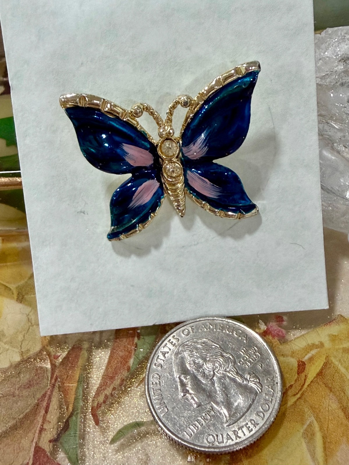 Enameled Butterfly Pin, Blue & Pink With Rhnestone Accents, Gift for Her, Mom