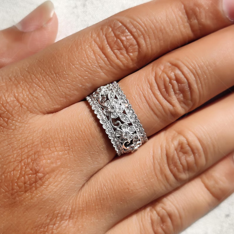 14K Gold Plated 925 Silver Moissanite Floral Band Engagement & Anniversary Ring