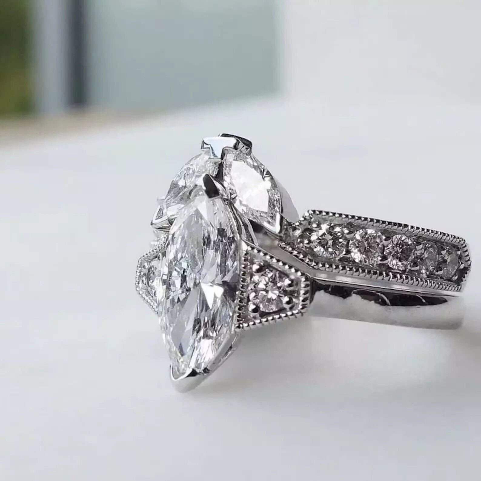 2.0Ct Marquise Lab Created Art Deco Style Engagement 925 Silver Ring Set
