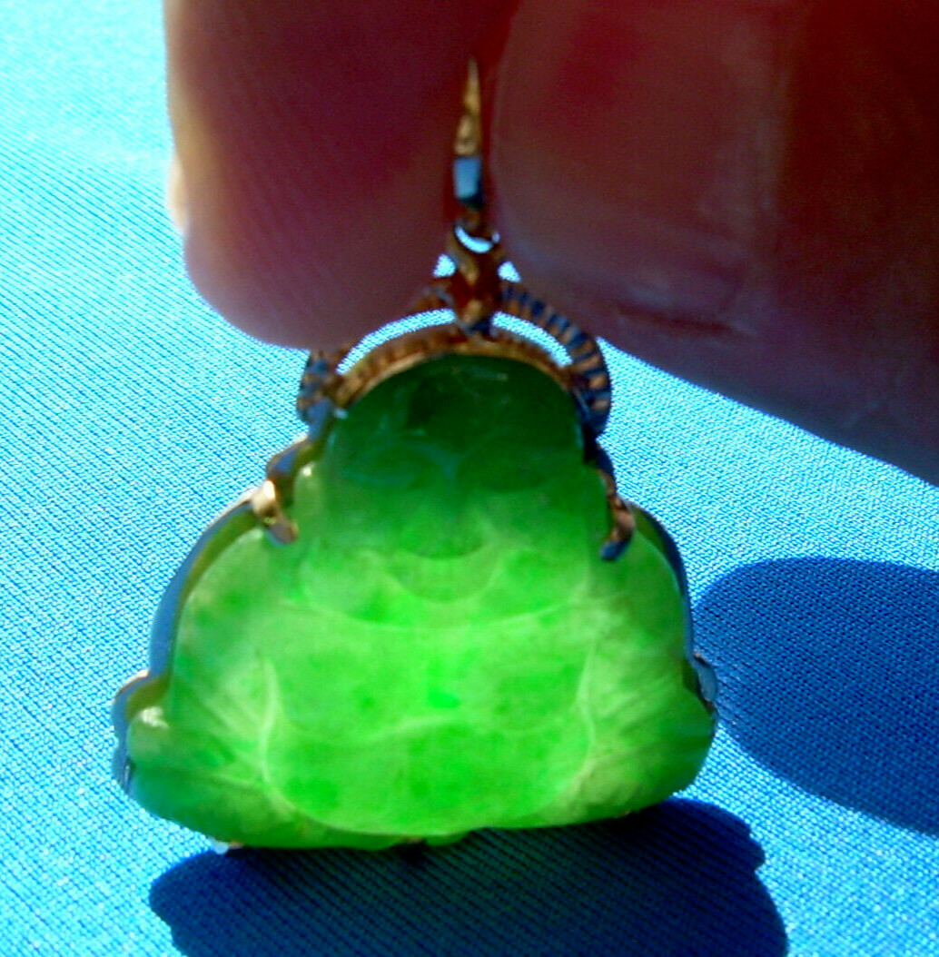 EARTH MINED Green JADE Laughing Budai Pu Tai Vintage Pendant 18K GOLD Good Luck