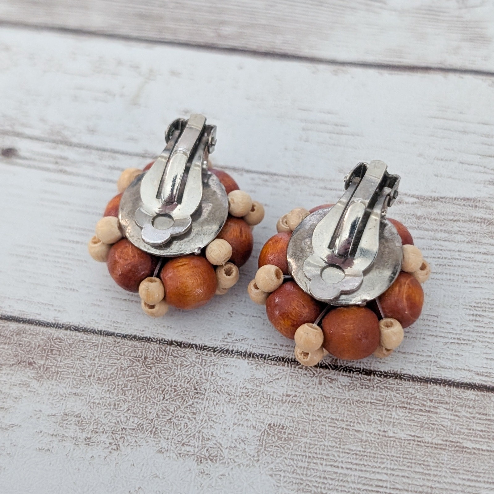 Vintage Clip On Earrings Brown & Tan Wooden Cluster Fall Autumn Tone