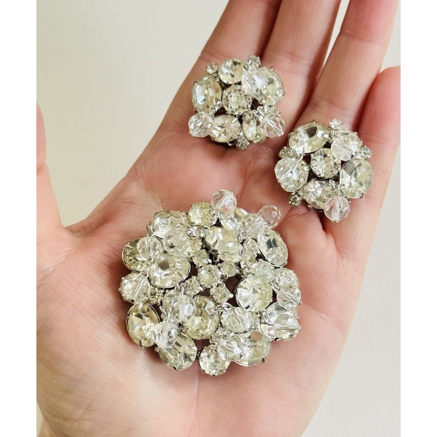 VTG Kramer Signed Pin Brooch Clip Earrings Matching Set Crystal Rhinestone Rare