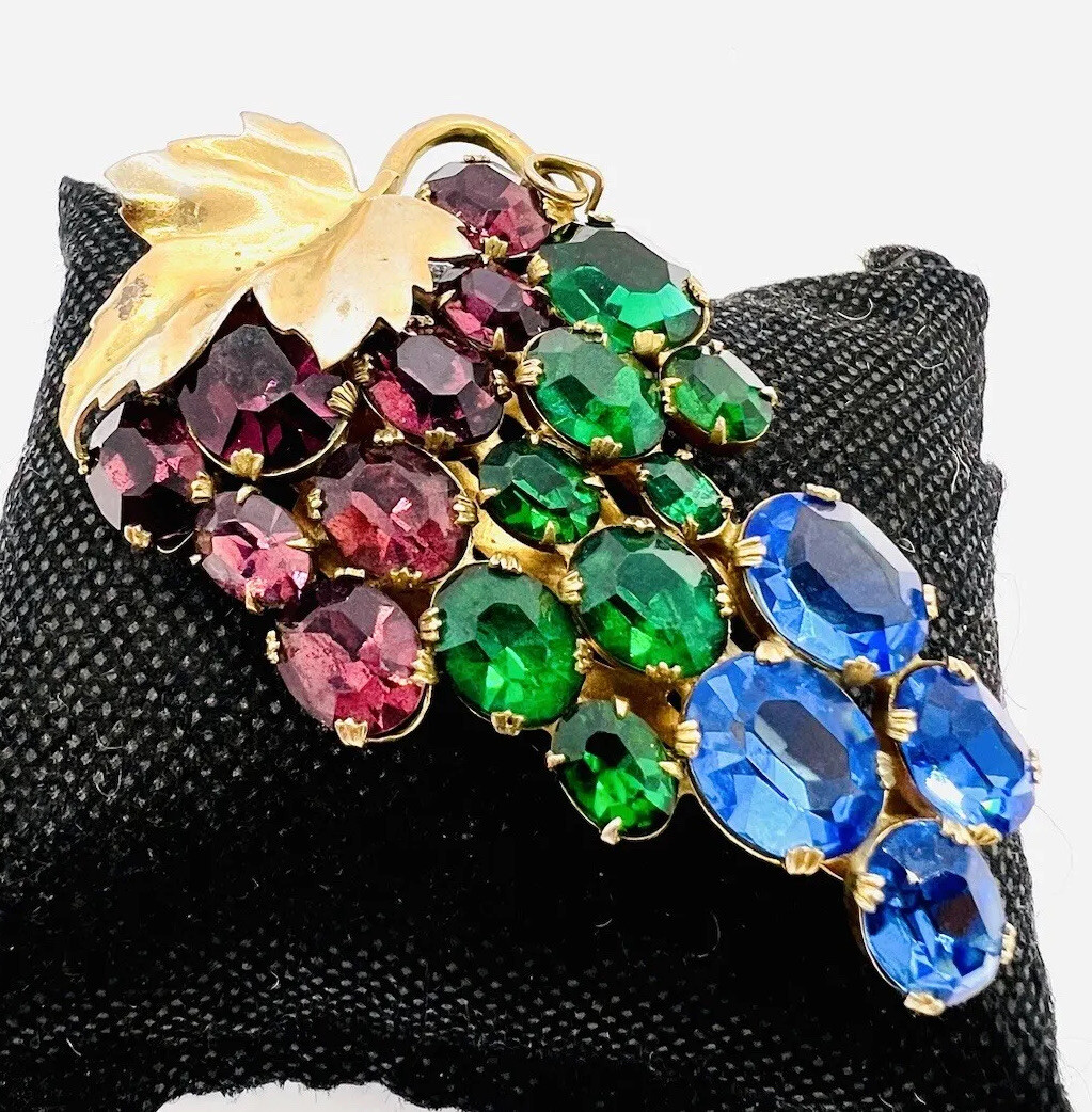Art Deco Multicolored Rhinestone “Fruit Salad” Dress Clip 3 Inch Vintage Jewelry