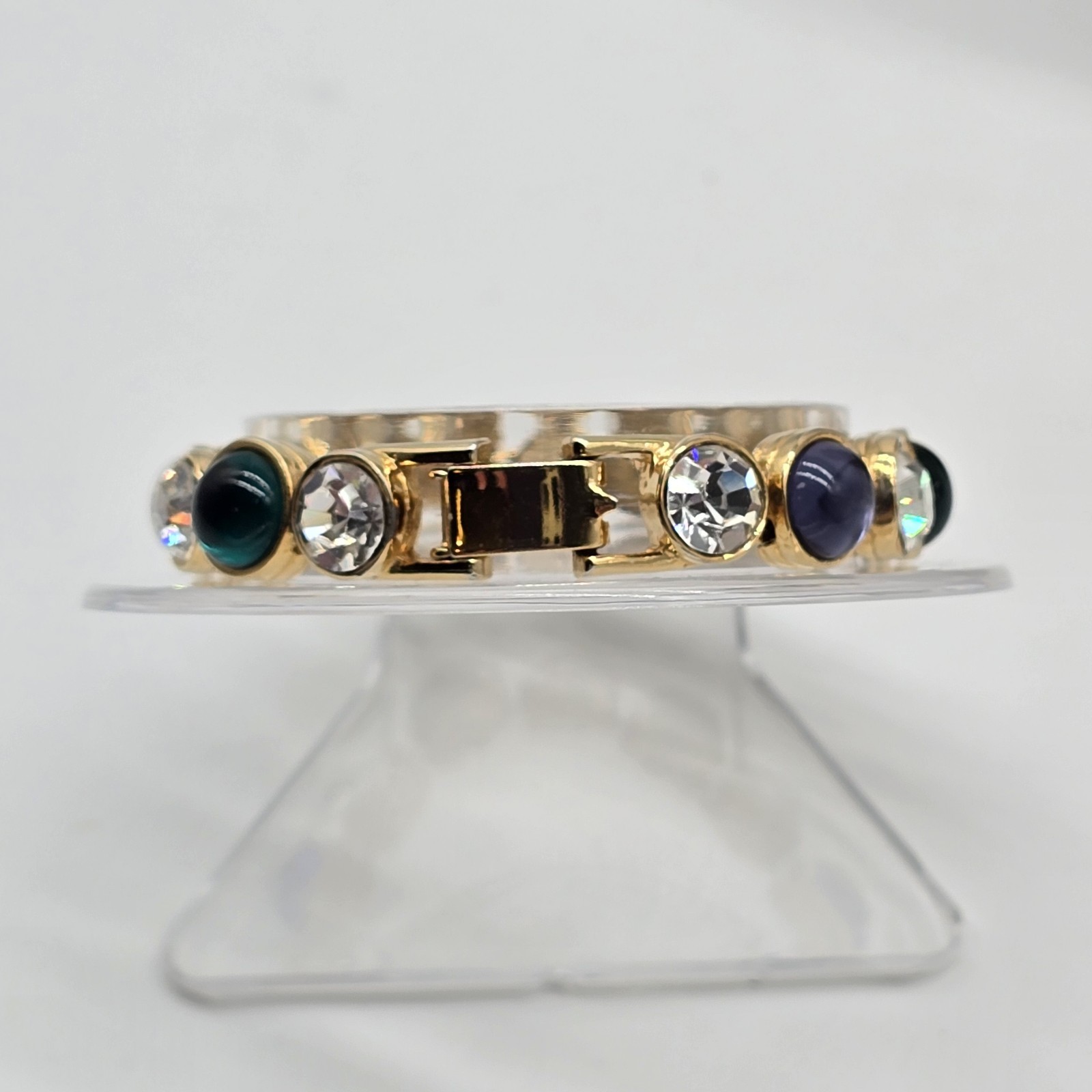 Vintage Les Bernard Bracelet Clear Rhinestones And Blue Green Purple Cabochons