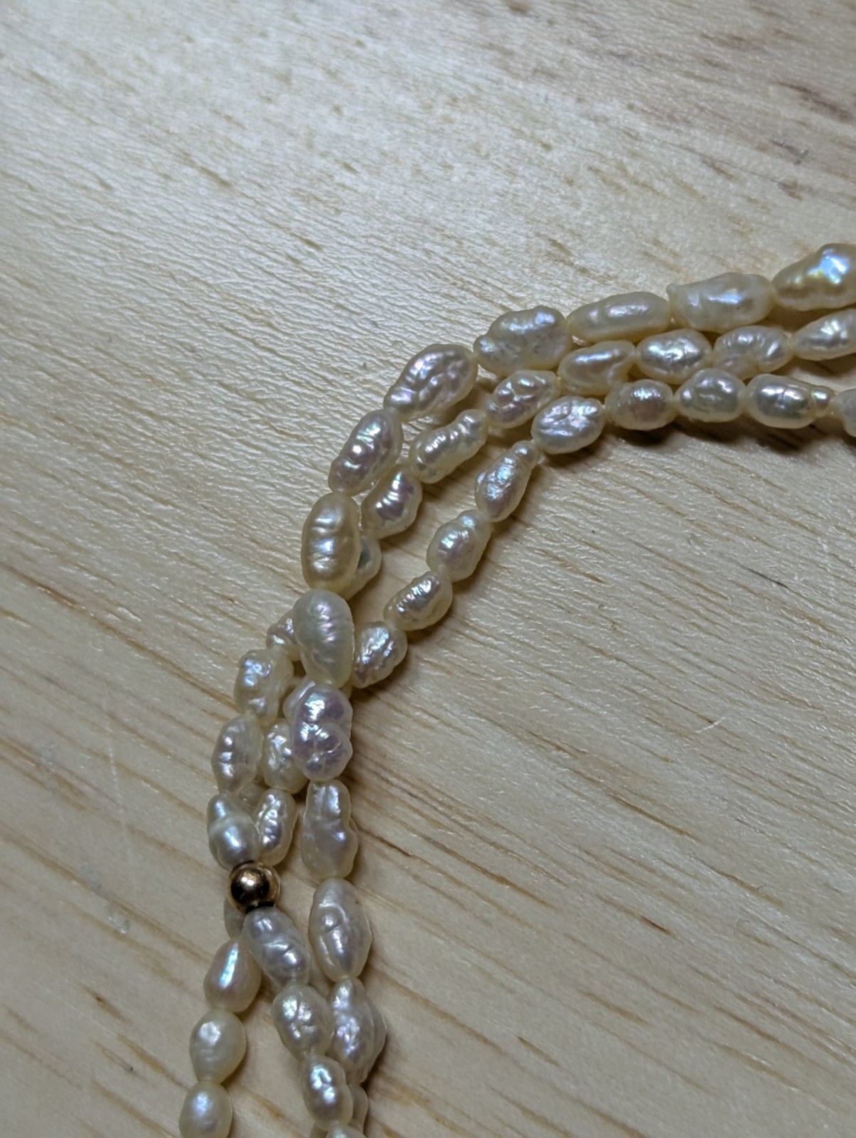 Vintage Freshwater Rice Pearl Marked “14K stamp” Gold Spacers 3-Strand Necklace