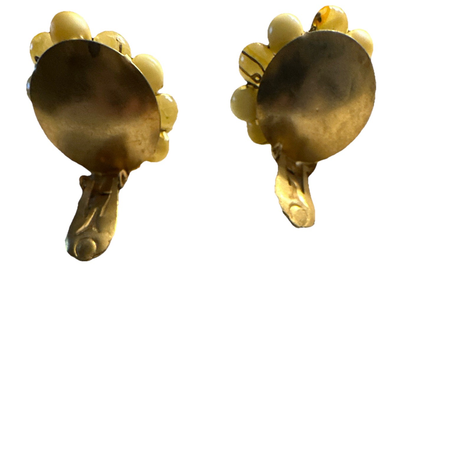 Vintage Signed Japan yellow and Cream Beaded Hand made Clip on Womens Earrings