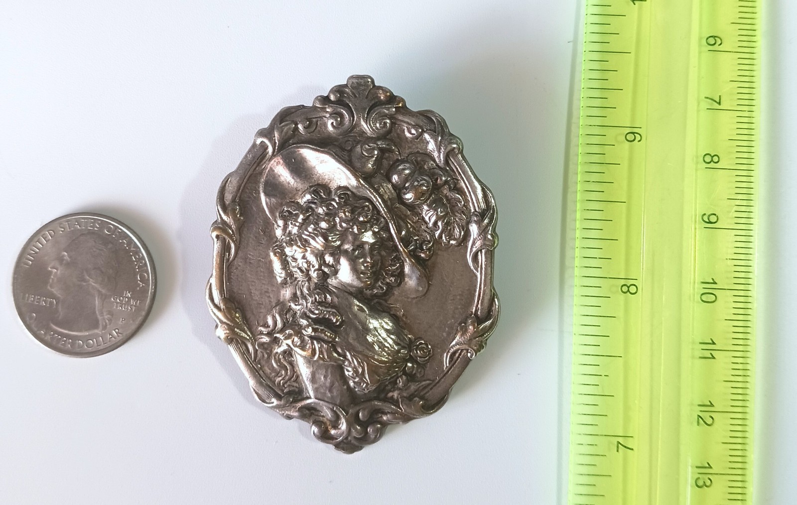 Antique Silver Art Nouveau Repousse Brooch Pendant: Fancy Lady in Large Hat