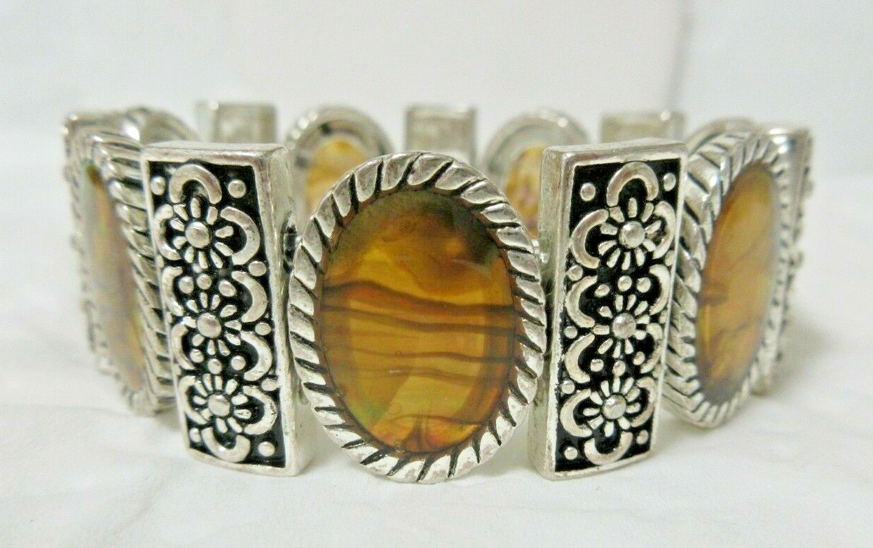 Vintage Ornate Silver Tone Rectangular & Oval Golden & Brown Inserts Bracelet 7″
