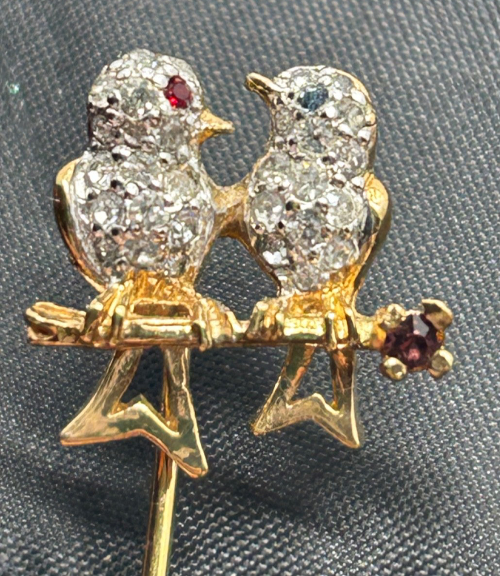 Vtg Panetta Signed Rhinestone Love Birds Stickpin Pin Ruby Amethyst Sapphire