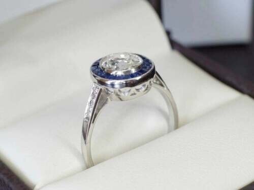 Art Deco Style Lab Created Diamond & Sapphire Engagement 14K White Gold FN Ring