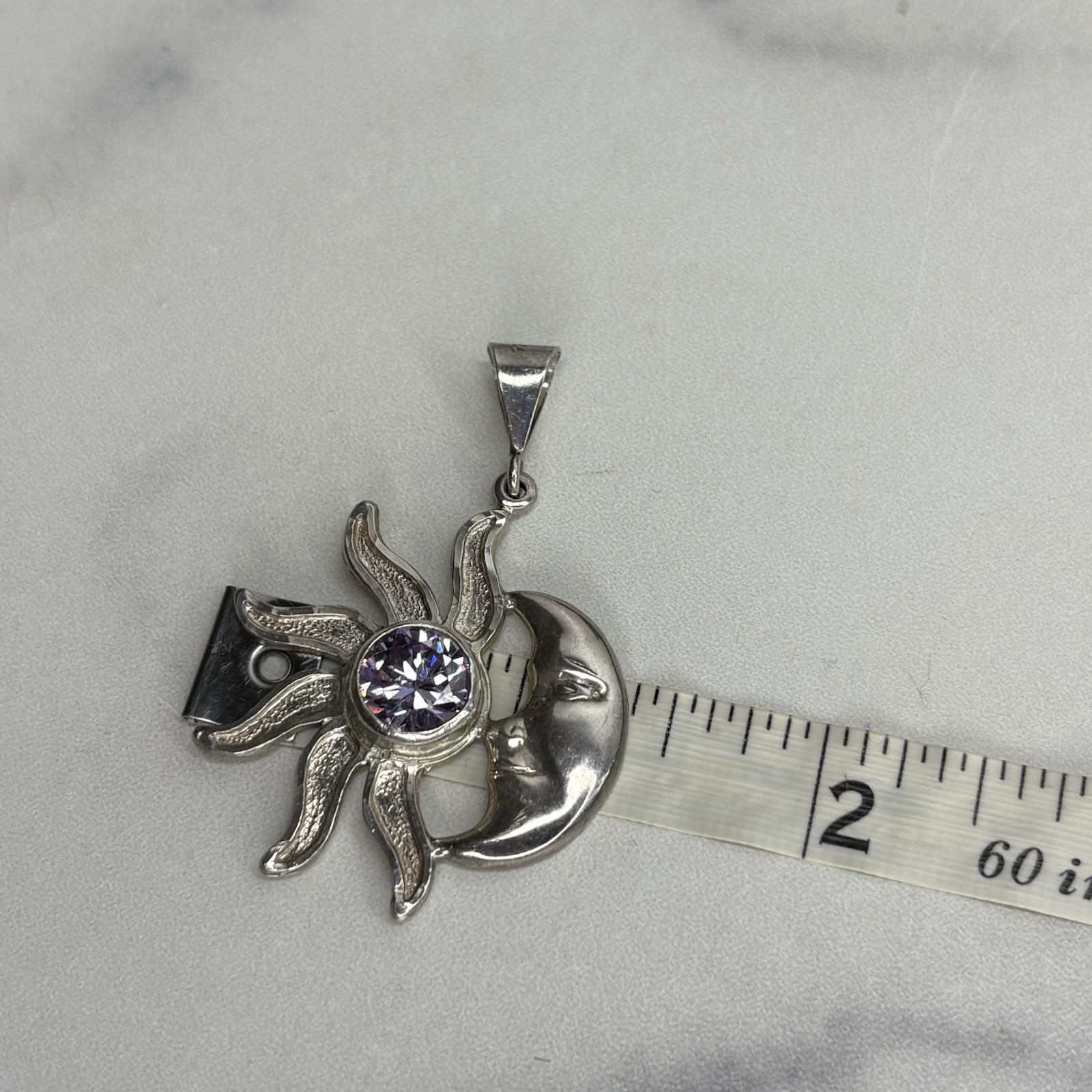 Vintage Mexico Sterling Silver Sun & Crescent Moon Eclipse Pendant Purple Stone