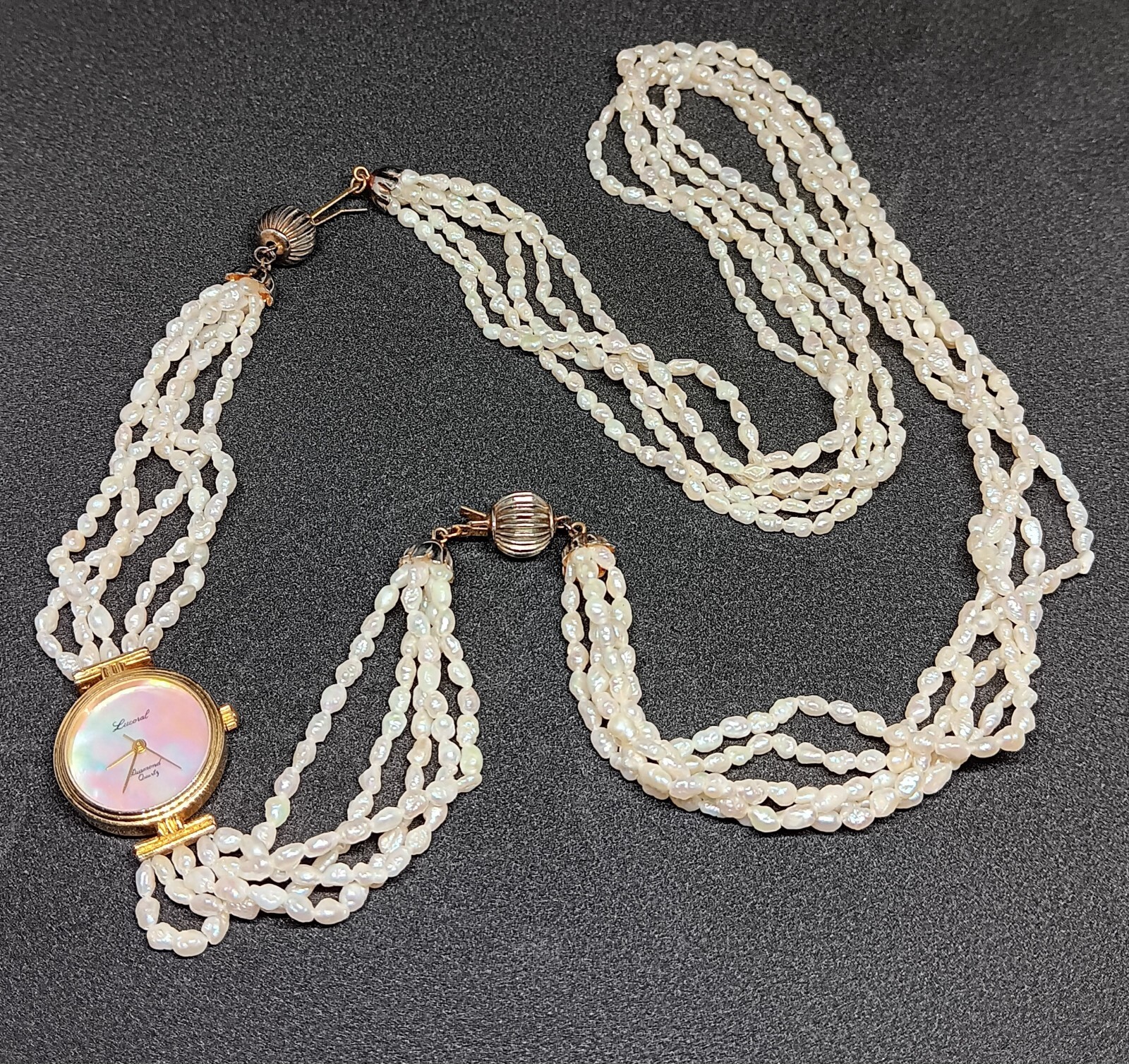 Lucoral Diamond Quartz Watch Necklace Fresh Water Pearl Hong Kong Japan Mov’t