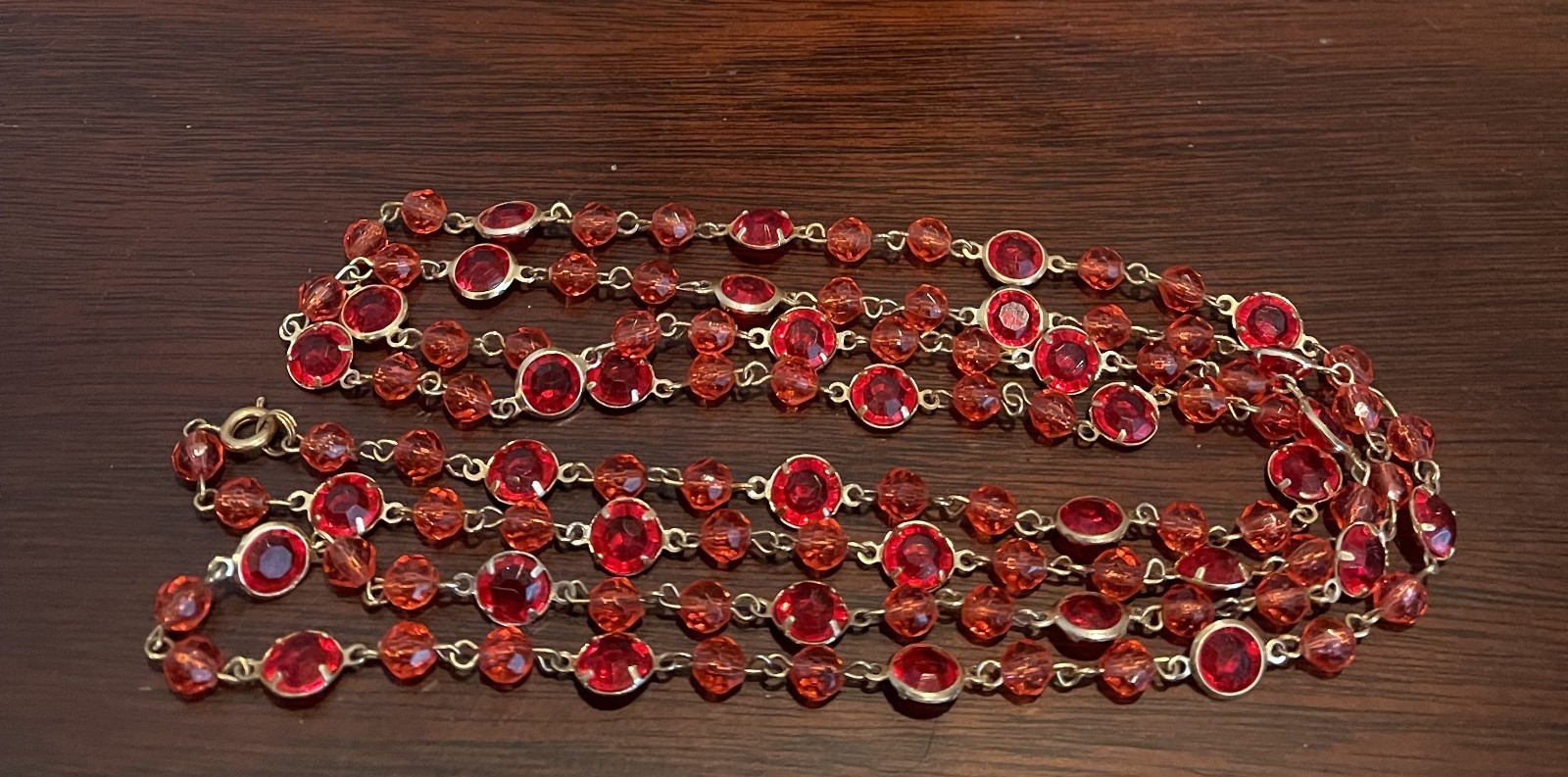 Vintage Long Open Bezel Red Plastic Lucite Necklace Gold Tone Chain