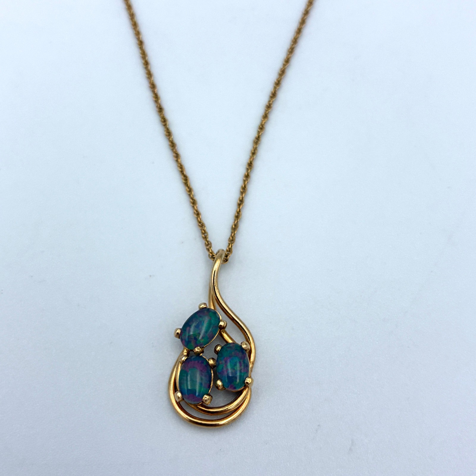 Vintage Opal Triplet Necklace Pendant w/ Gold Filled Chain 17″