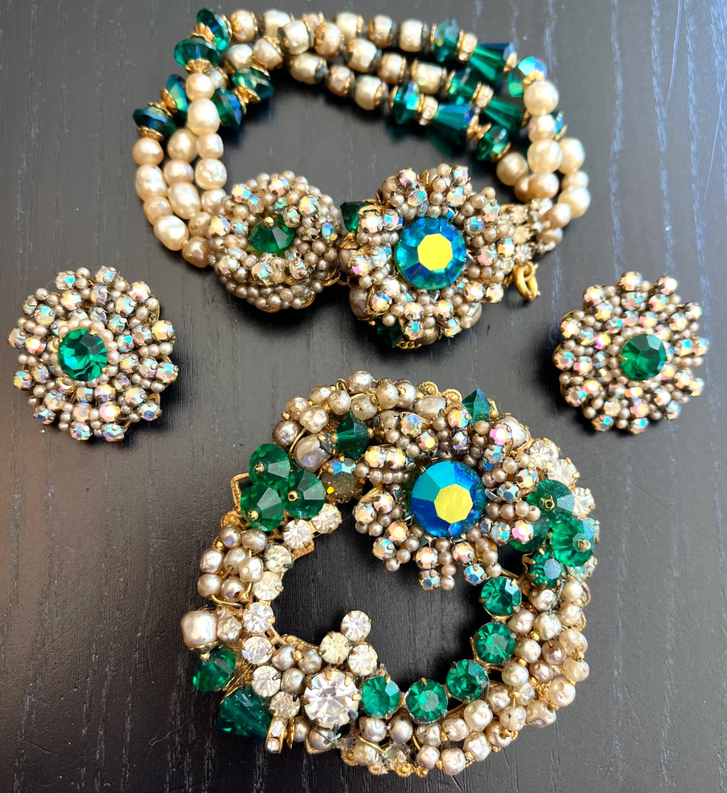 Incredible Vintage 40’s Robert Bracelet Brooch Earrings Pearls Glass Beads etc