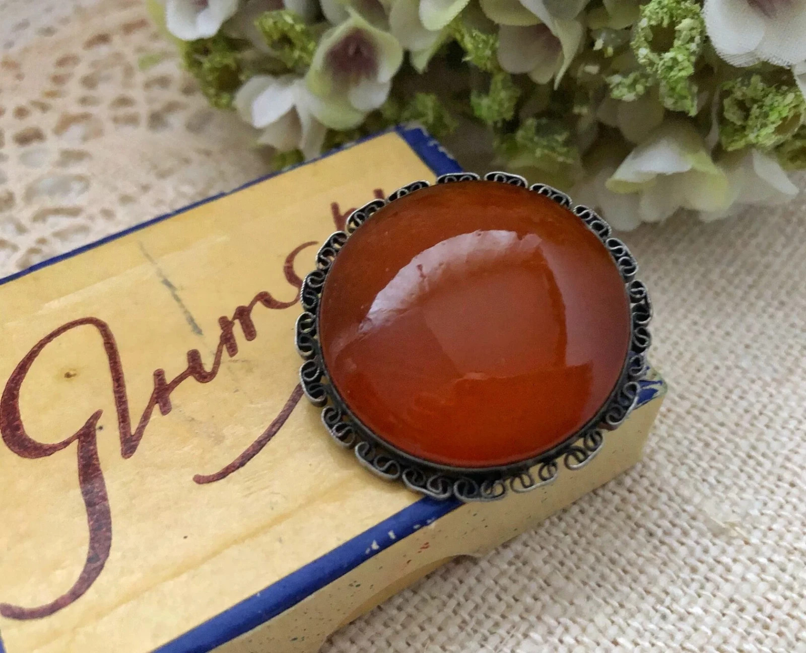 Estate Jewelry Rare Soviet Vintage Brooch Sterling Silver 875 Amber Stone USSR