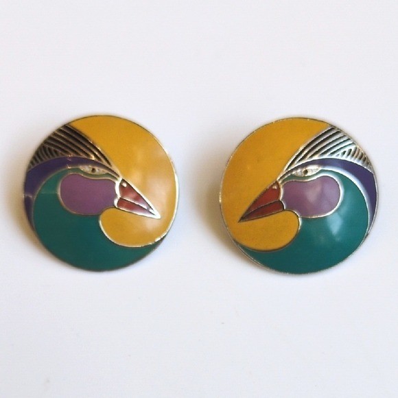 Vtg Laurel Burch Harlequin Bird Earrings – Round Circle Gold Tone Studs Yellow