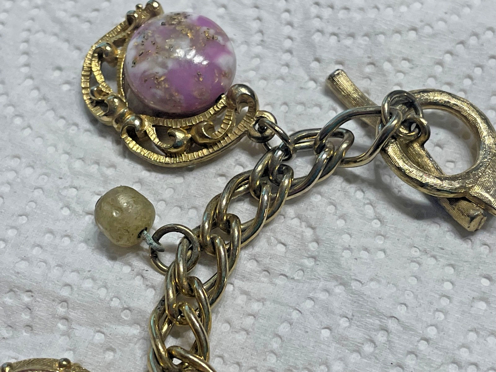Vintage bracelet purple pearl Art Glass Beaded Gold tone toggle crescent moon 7”