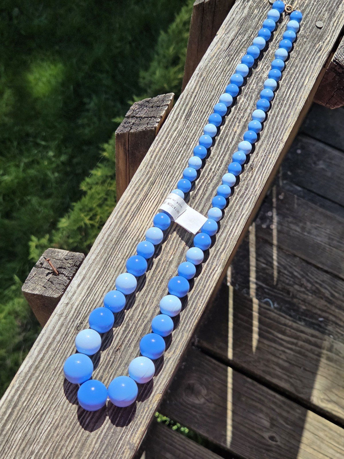 Vintage Hong Kong Blue Plastic Beaded Necklace Graduated Long Chunky Deadstock