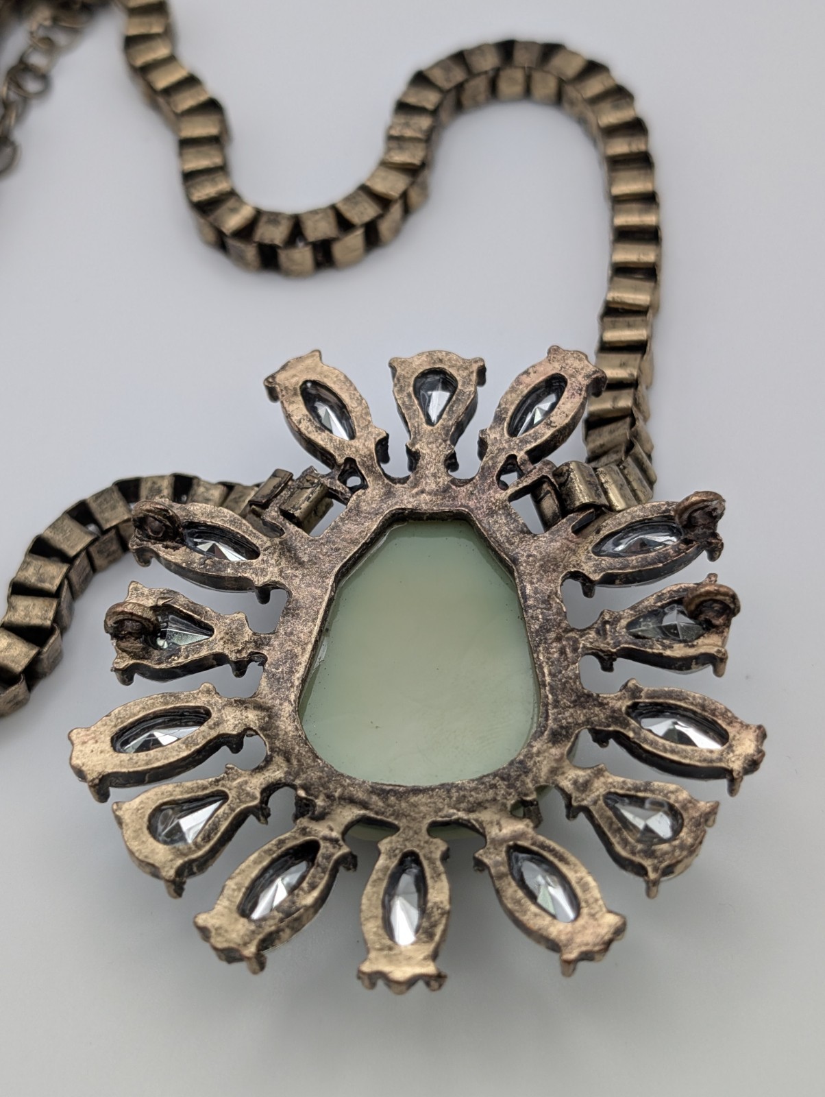 Vintage Statement Necklace Clear Rhinestones Antique Gold Tone Large Pendant