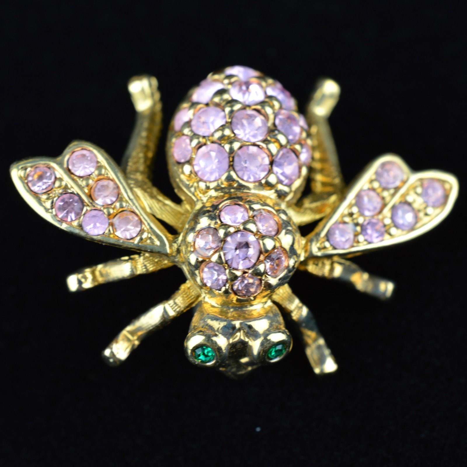 Joan Rivers Bee Pin Signed Pink Rhinestone Brooch Gold Tone Green Eyes Vtg