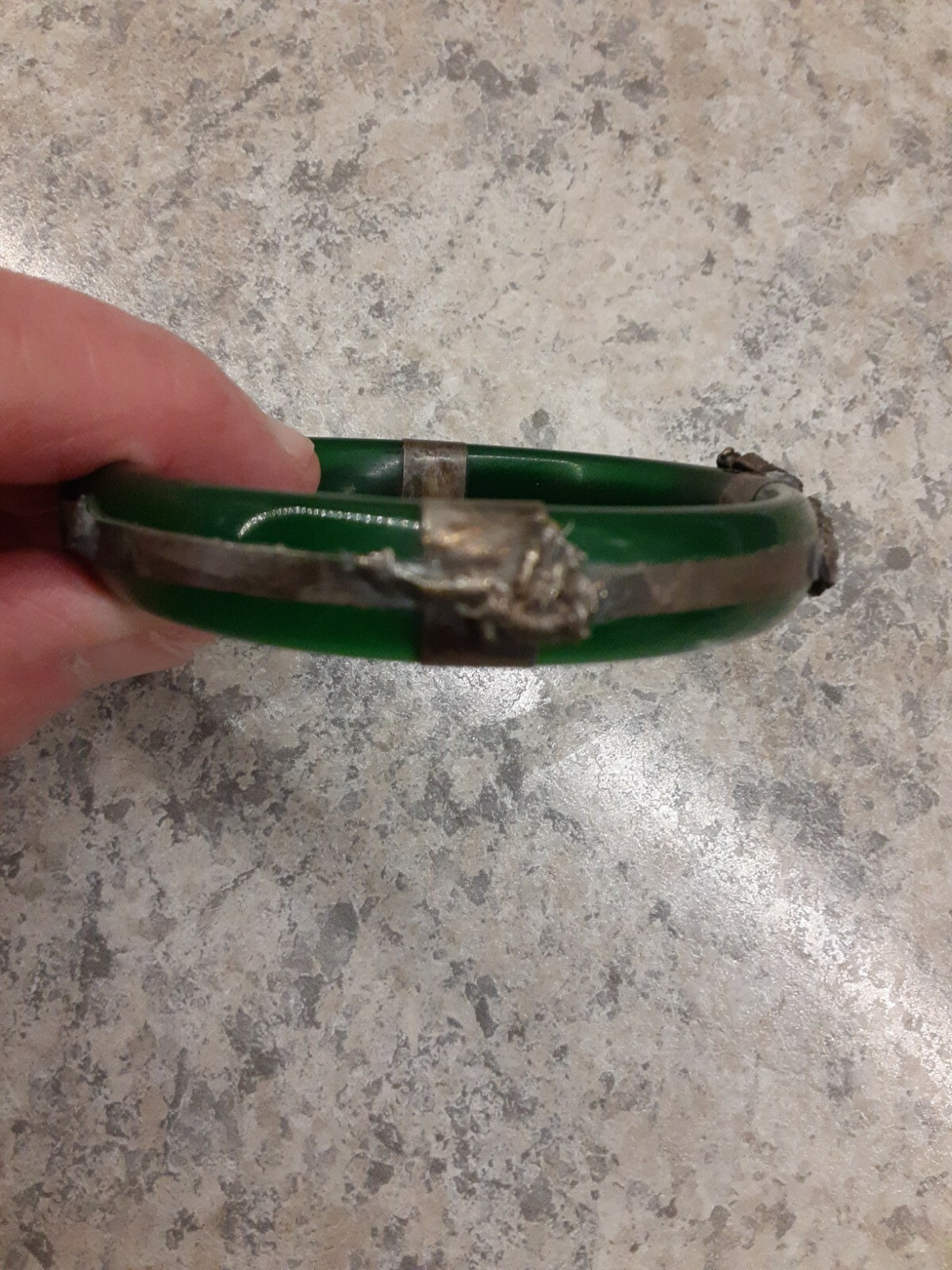 Vintage Green Glass Bangle Bracelet Silvertone Accents-Bearded Dragons Peacock