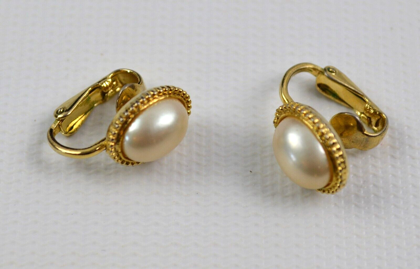 Vintage Gold Tone Clip On Earrings with Oval Faux Pearl Center .75″