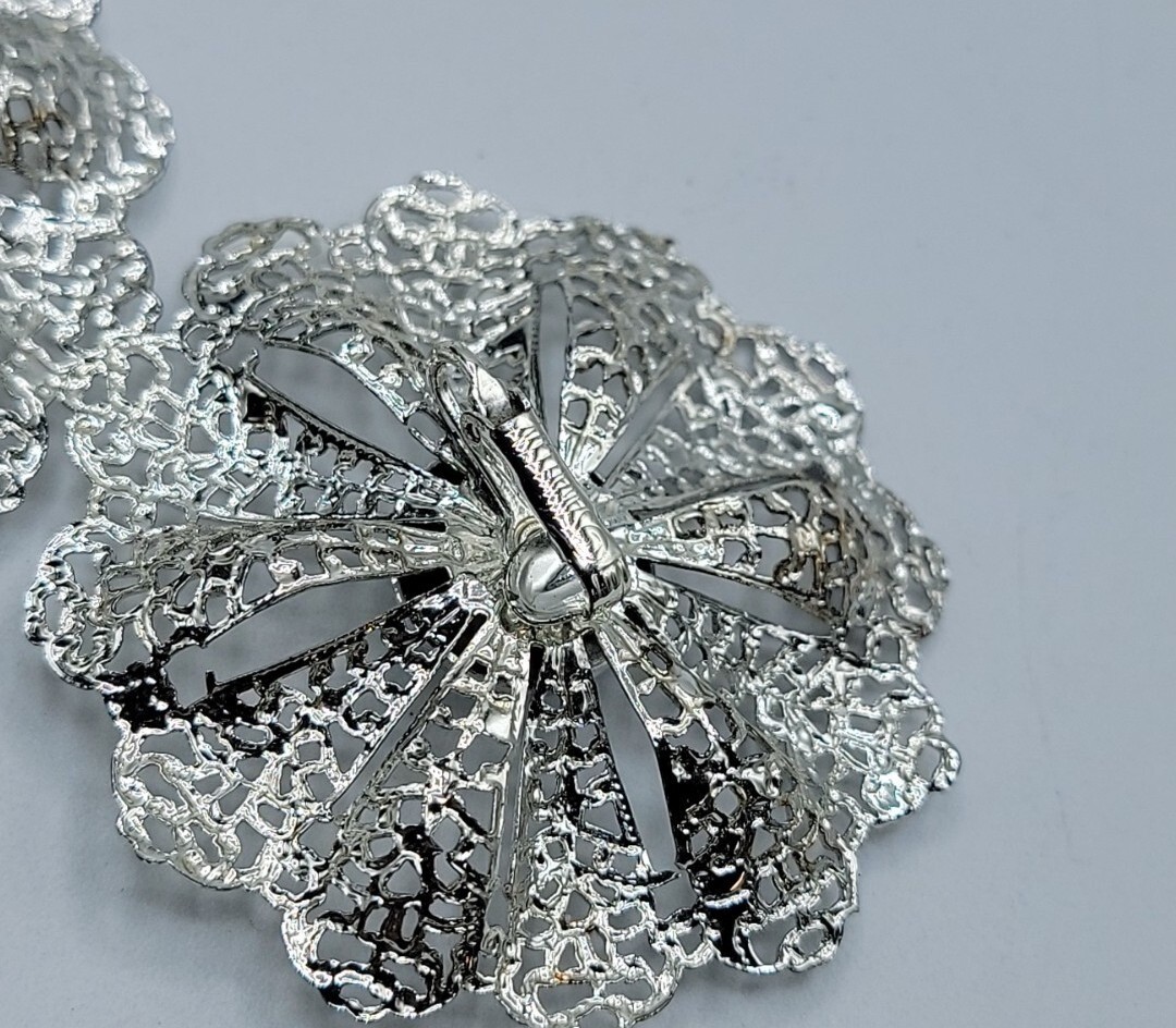 Vintage Sarah Coventry Statement Earrings Huge Flower Filigree Lace Clip On 1.5”
