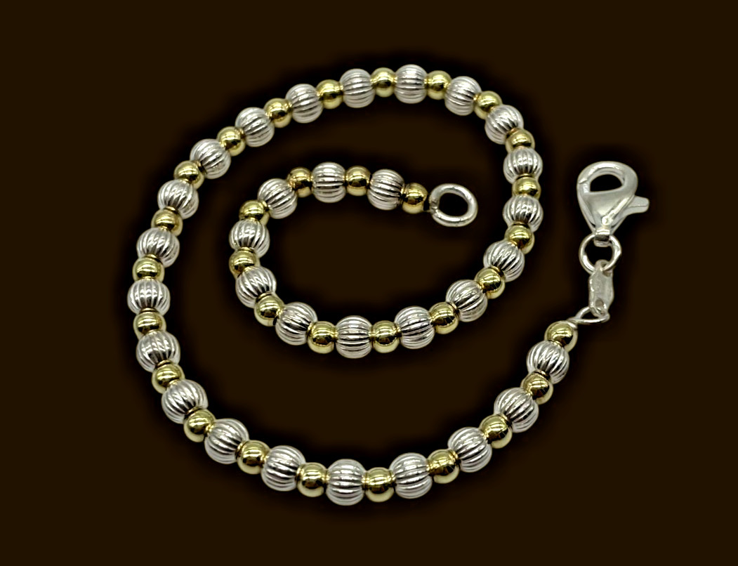 VTG Italy 925 Sterling Silver & Gold-Filled Fluted ball bead bracelet 8″