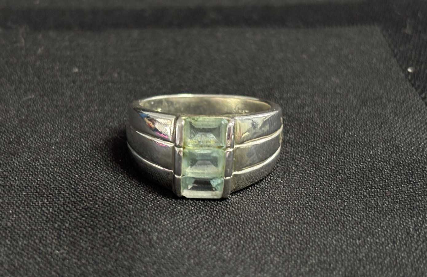 Vintage 925 Sterling Silver 3-Stone Blue Topaz Channel Band Ring Size 8.25
