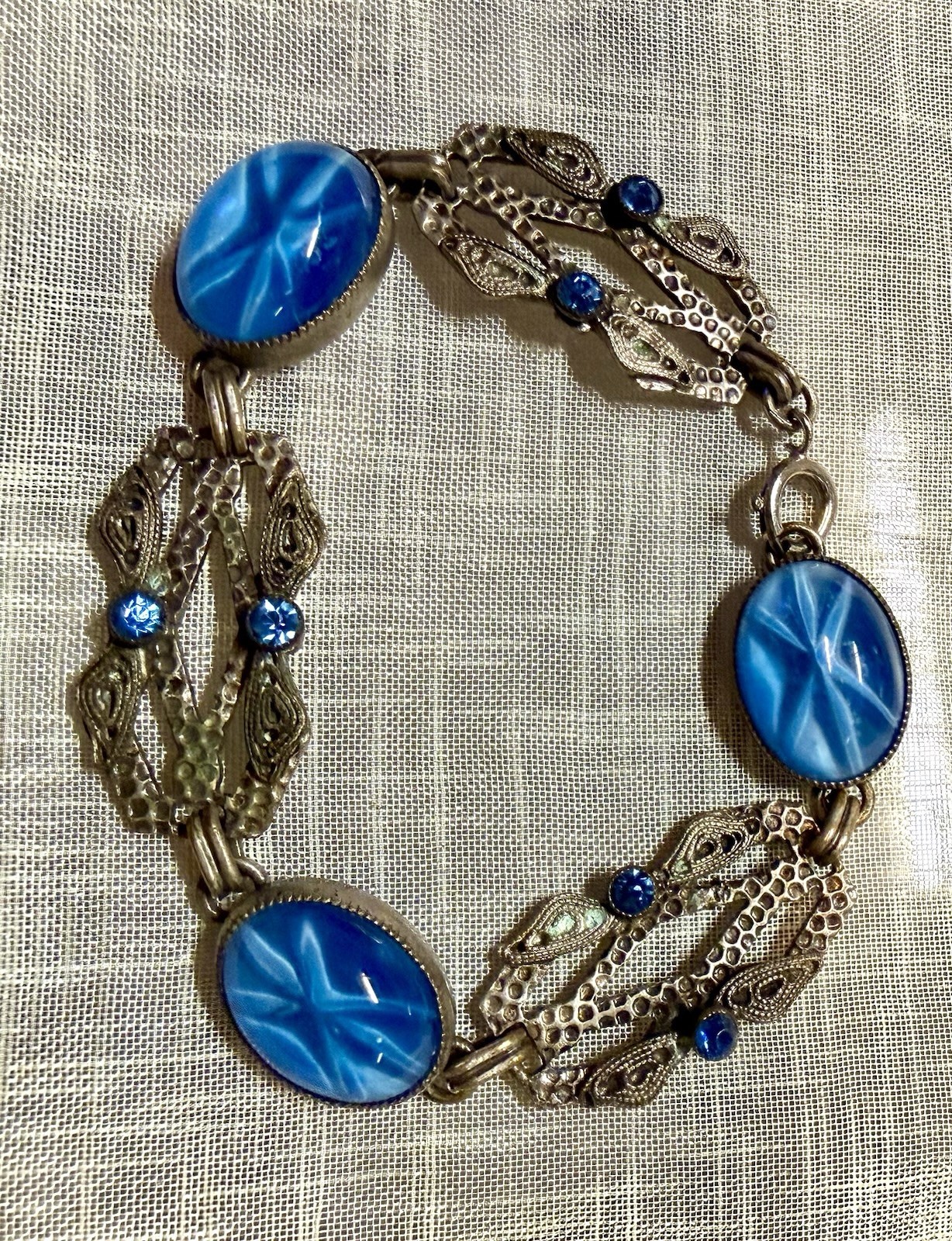 VTG.Art Deco Blue Glass Filigree Bracelet Open Back Czech Style Silver Tone