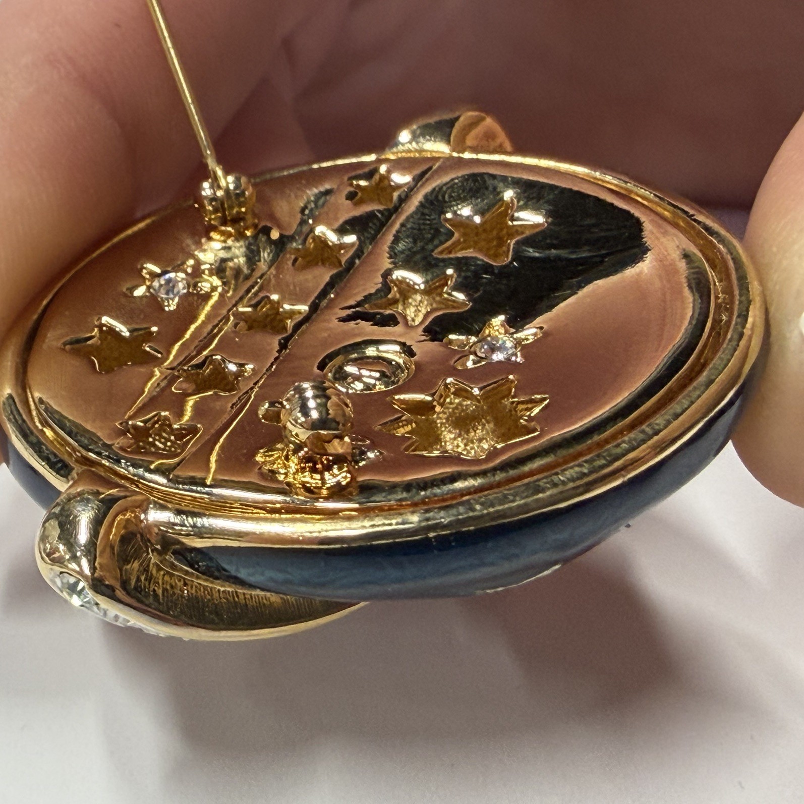 Swarovski Celestial Moon & Stars Blue Enamel, Signed Crystal Dome Brooch Pin.